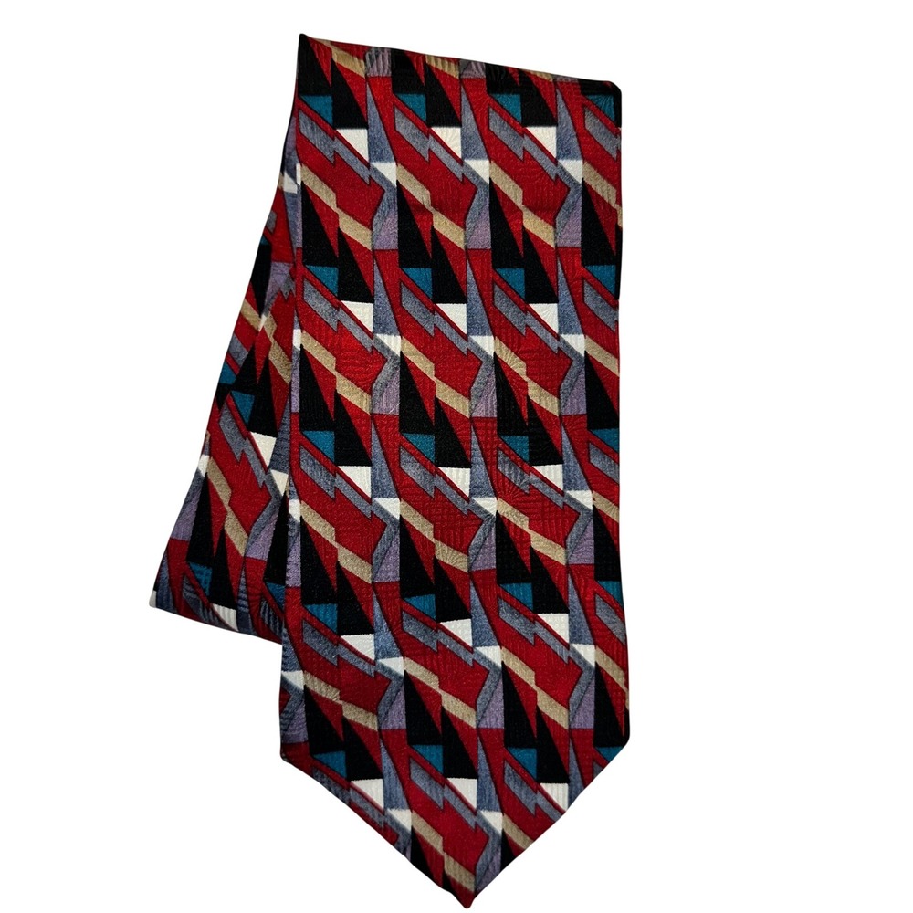 Martin Wong Napa CA Mens Silk Geometric Abstract Necktie Red Black Grey USA Made